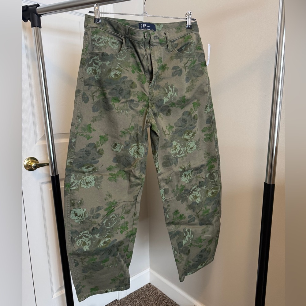 Green Floral Barrel Leg Pants